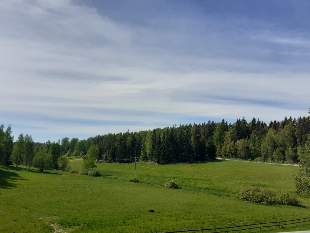 Näkymä Ravintola Tilan terassilta yli peltojen kohti Sipoonkorven metsiä.