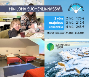 Miniloma Hostel Suomenlinnassa alk. 2 hlöä aamiaisineen 2 vrk 176 €. Varaukset ja tiedustelut: hostel@suokki.fi. Mainitse viestissä "Kivaa tekemistä / talvitarjous". Lisätietoa
