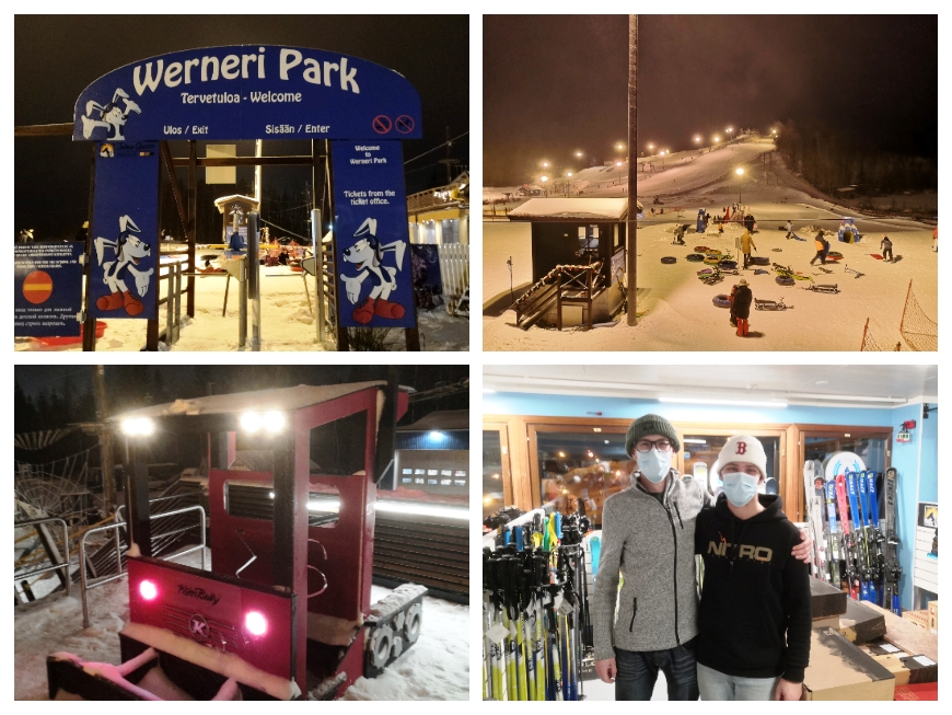 Werneri Park in the evening. One need a ticket (from 4-year-olds to adults), or you can choose a family ticket - also skiing tickets are valid to Werneri. Rasmus and Jere were serving people in the Ski Shop / rental. Photos: LikeFinland.com